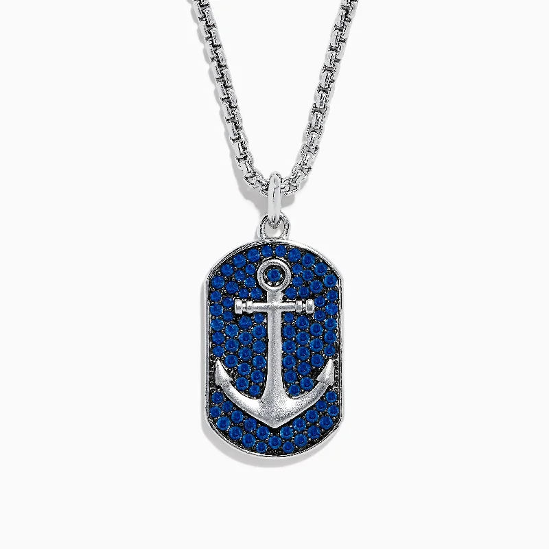 Men's 925 Sterling Silver Blue Sapphire Anchor Pendant