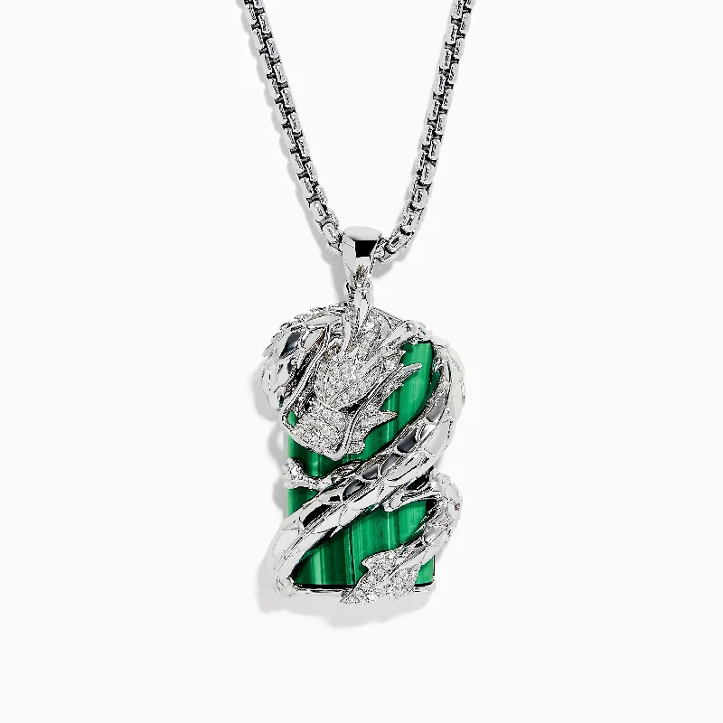 Men's 925 Sterling Silver Malachite and Diamond Dragon Pendant