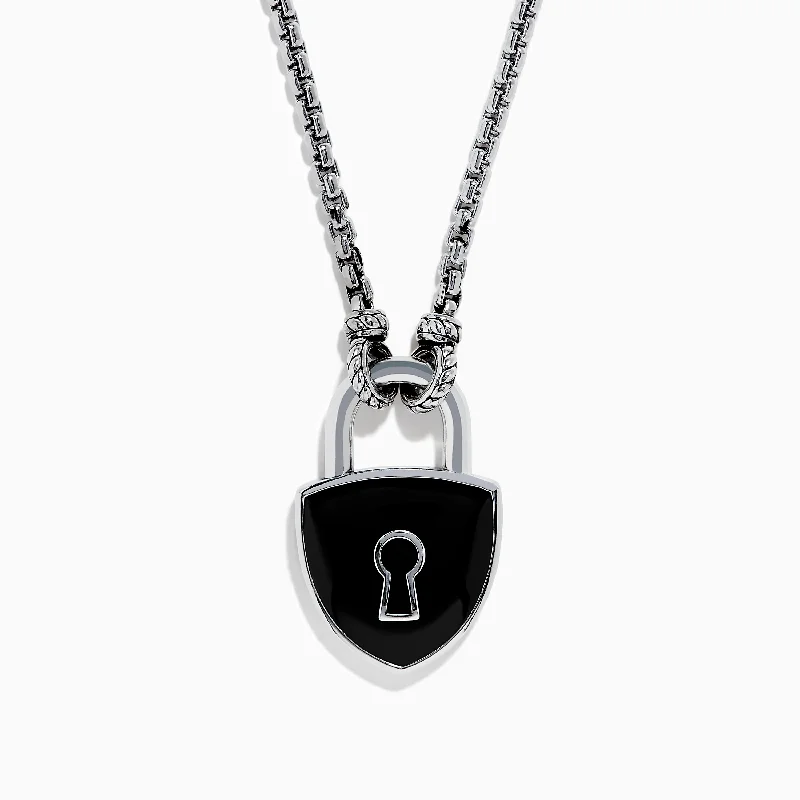 Men's 925 Sterling Silver Onyx Lock Pendant