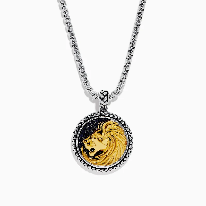 Men's Sterling Silver Sapphire and Yellow Gold Plated Lion Pendant