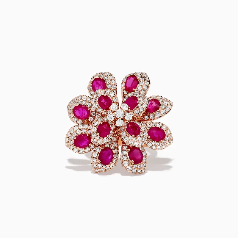 Nature 14K Rose Gold Ruby and Diamond Flower Ring