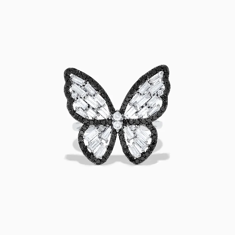 Nature 14K White Gold Black and White Diamond Butterfly Ring