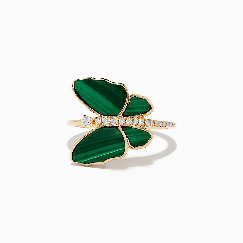 Nature 14K Yellow Gold Malachite and Diamond Butterfly Ring