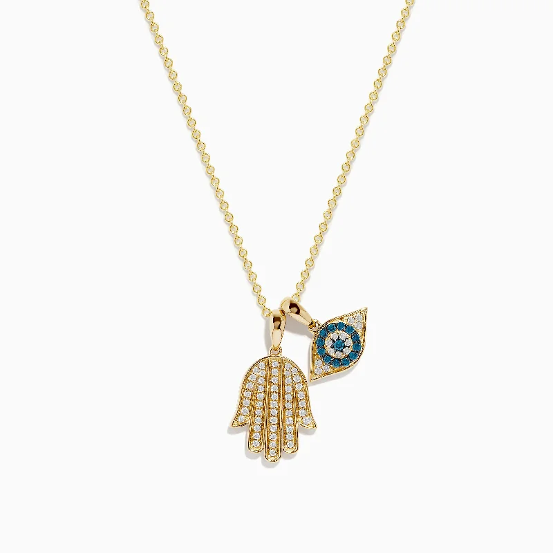 Novelty 14K Yellow Gold White and Blue Diamond Hamsa & Evil Eye Pendant