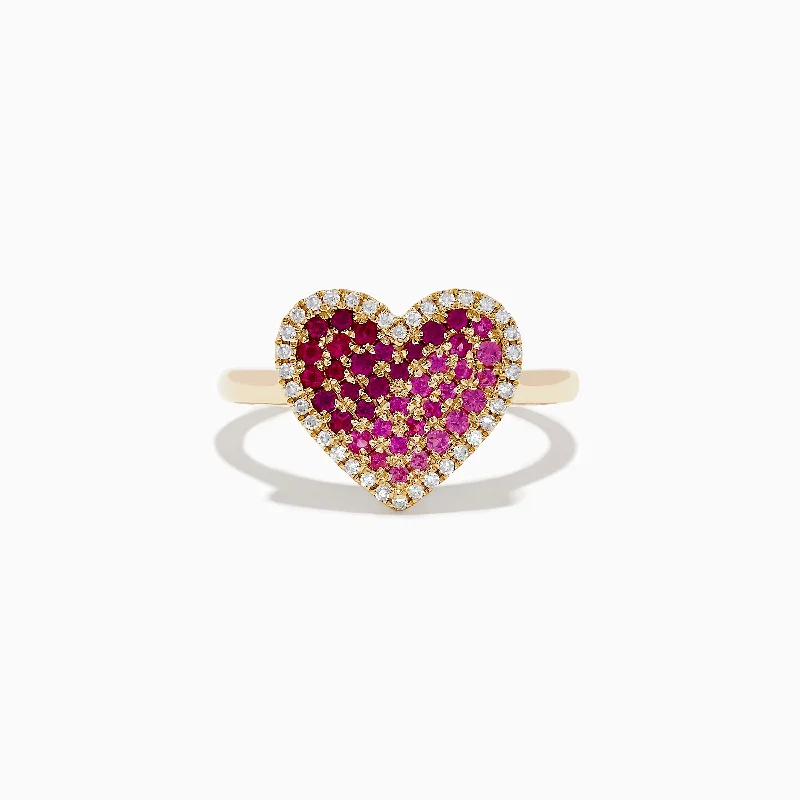 Novelty 14K Yellow Gold Pink Sapphire, Ruby and Diamond Heart Ring