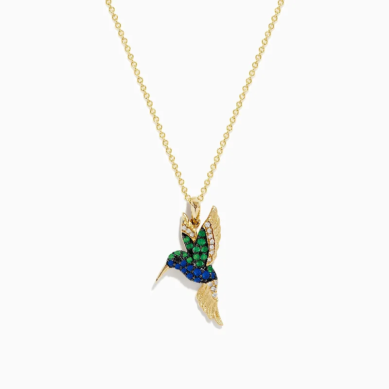 Safari 14k Yellow Gold Emerald and Sapphire Bird Pendant