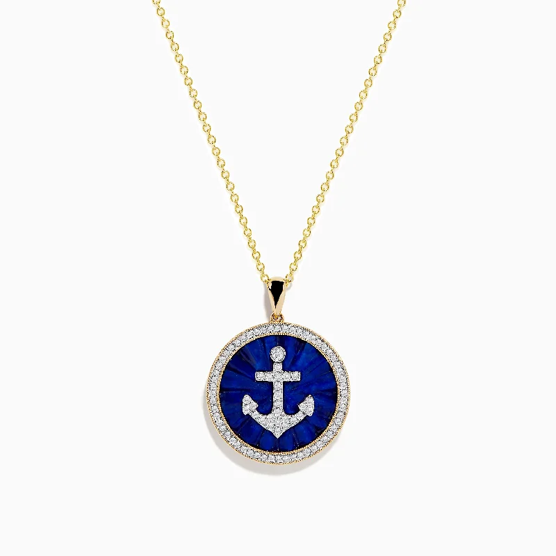 Seaside 14K Yellow Gold Lapis and Diamond Anchor Pendant