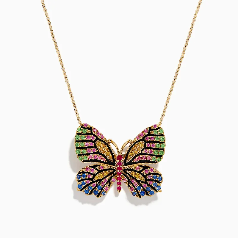 Watercolors 14K Gold Ruby and Multi Sapphire Butterfly Pendant