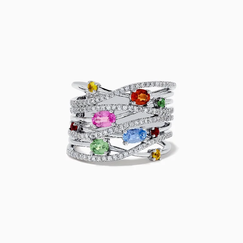 Watercolors 14K White Gold Multi Sapphire and Diamond Crossover Ring