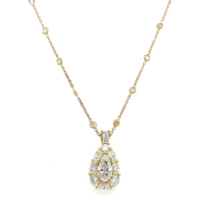 JB Star 18K Yellow Gold Pear Shape Diamond and Diamonds Drop Pendant with a 18K Yellow Gold Cable Link Necklace (2.78ctw)