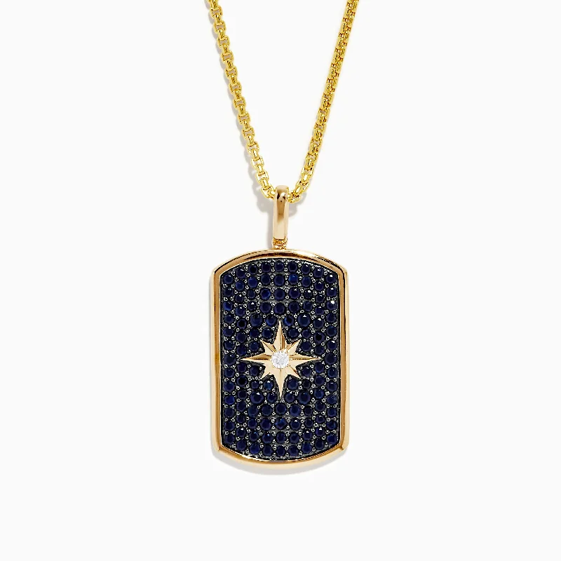 Men's 14K Yellow Gold Black Sapphire and Diamond Dog Tag Pendant