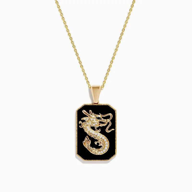 Men's 14K Yellow Gold White and Black Diamond Agate Dragon Dog Tag Pendant