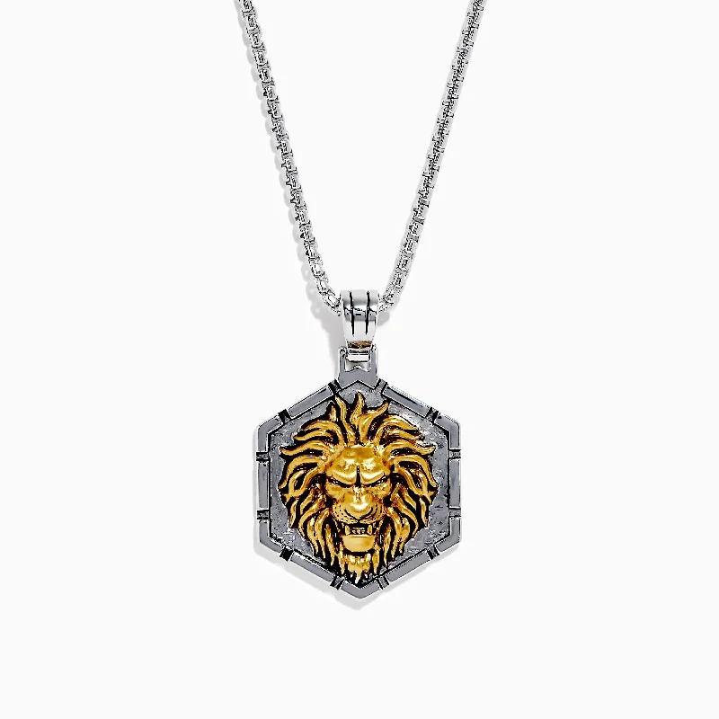 Men's 925 Sterling Silver and Yellow Gold Lion Pendant