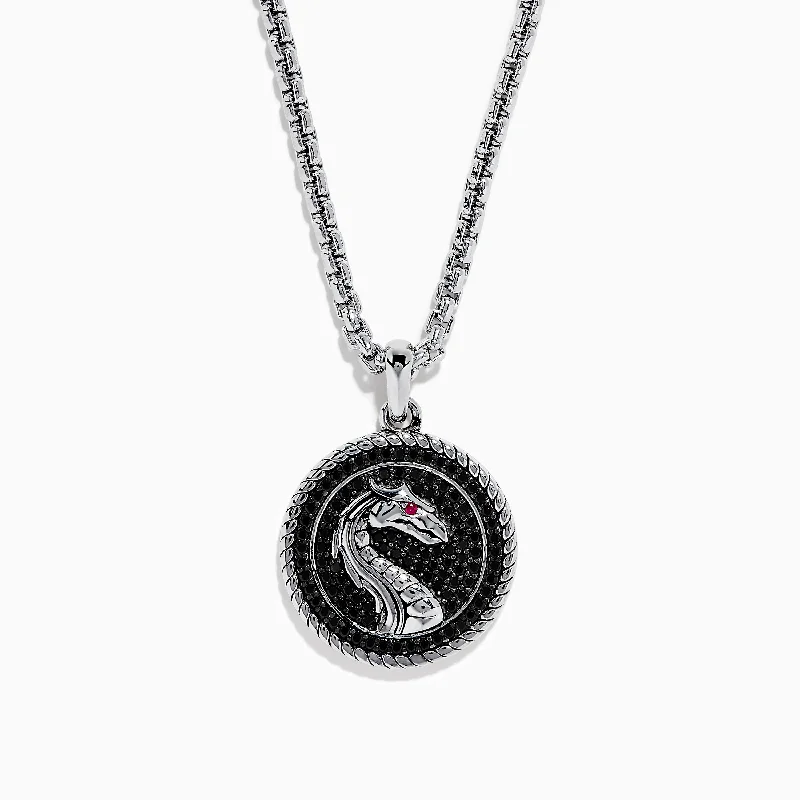 Men's 925 Sterling Silver Black Spinel and Ruby Pendant