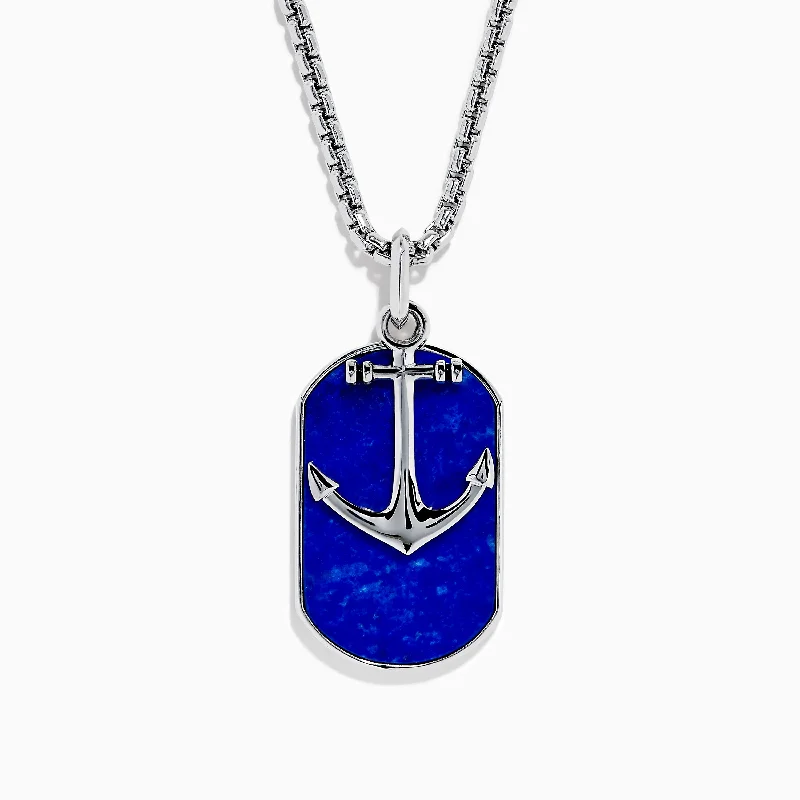 Men's 925 Sterling Silver Lapis Anchor Pendant