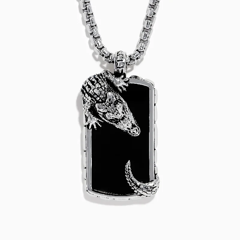 Men's 925 Sterling Silver Onyx Crocodile Pendant