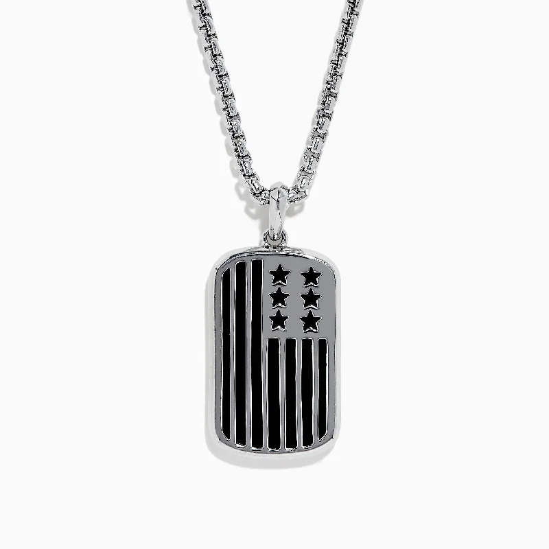 Men's 925 Sterling Silver Onyx Flag Dog Tag Pendant