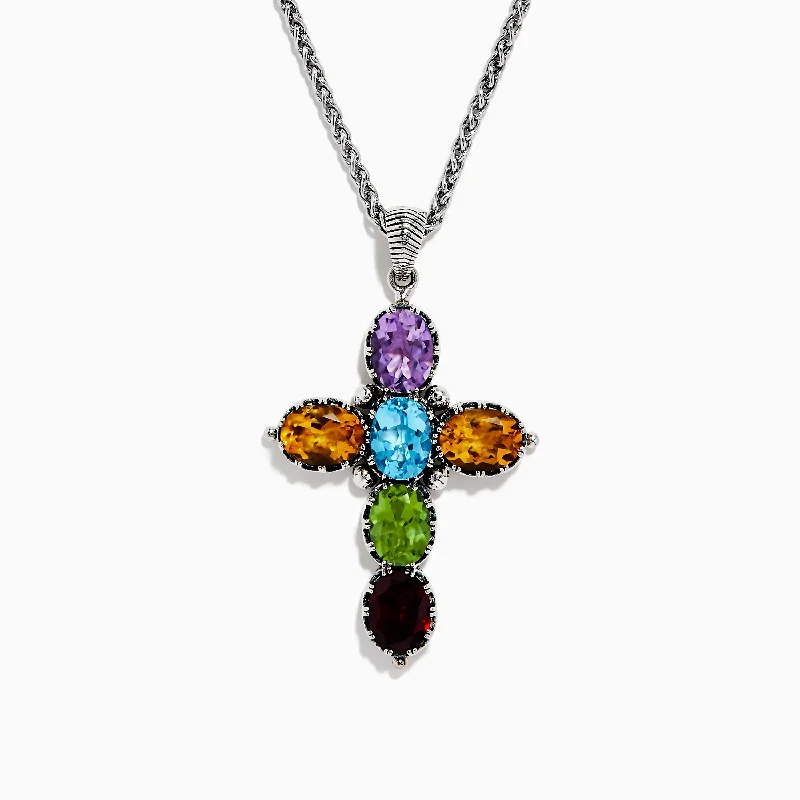 Mosaic 925 Sterling Silver Multi Gemstone Cross Pendant