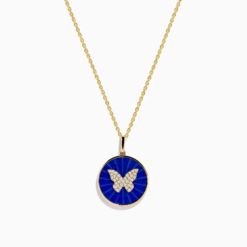 Nature 14K Yellow Gold Lapis and Diamond Butterfly Pendant