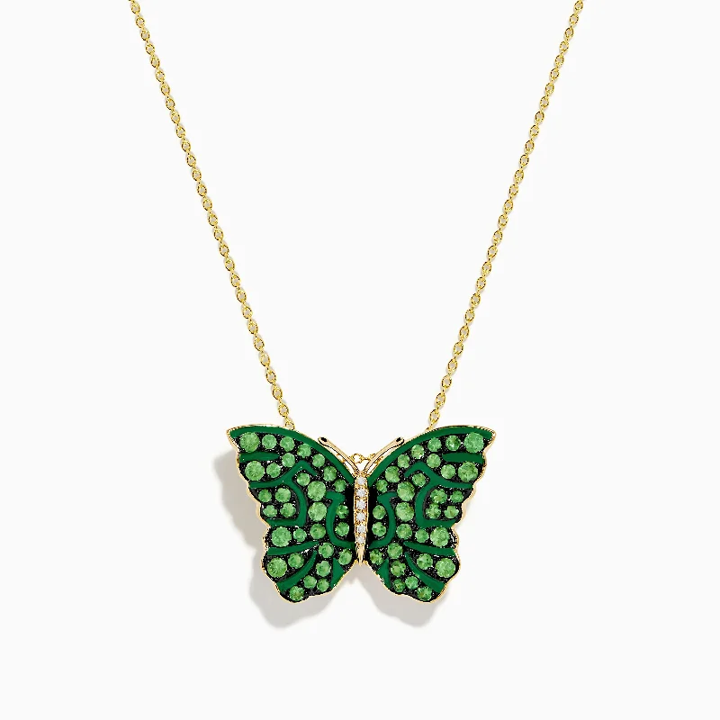 Nature 14K Yellow Gold Tsavorite and Diamond Butterfly Pendant