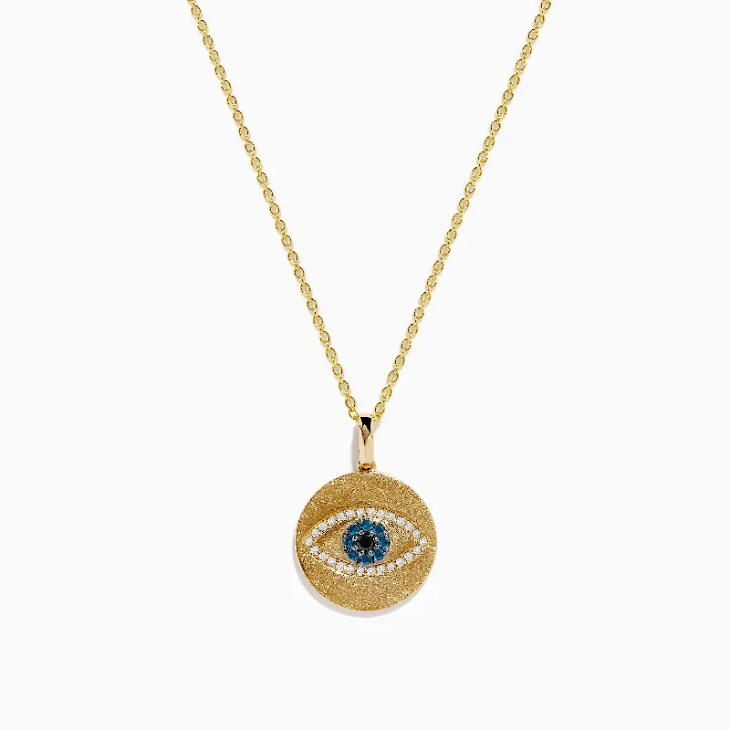 Novelty 14K Yellow Gold Blue, White and Black Diamond Evil Eye Pendant