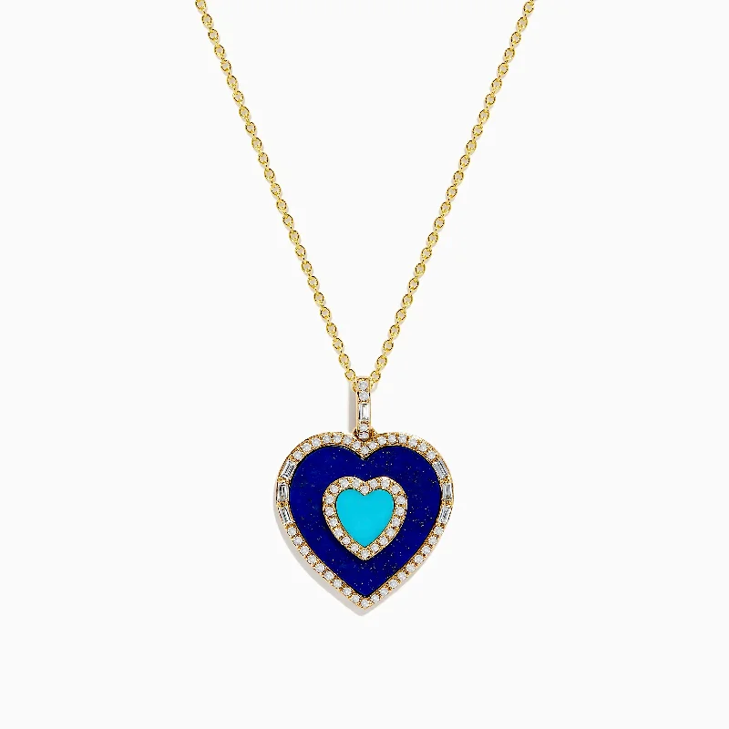 Novelty 14K Yellow Gold Lapis, Turquoise and Diamond Heart Pendant