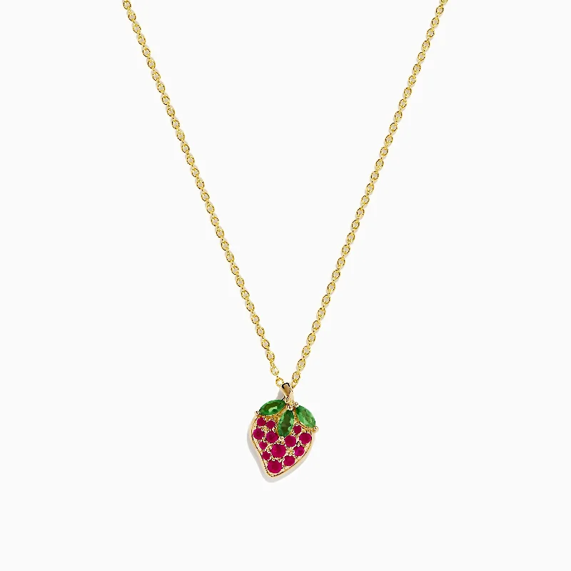 Novelty 14K Yellow Gold Ruby and Tsavorite Strawberry Pendant