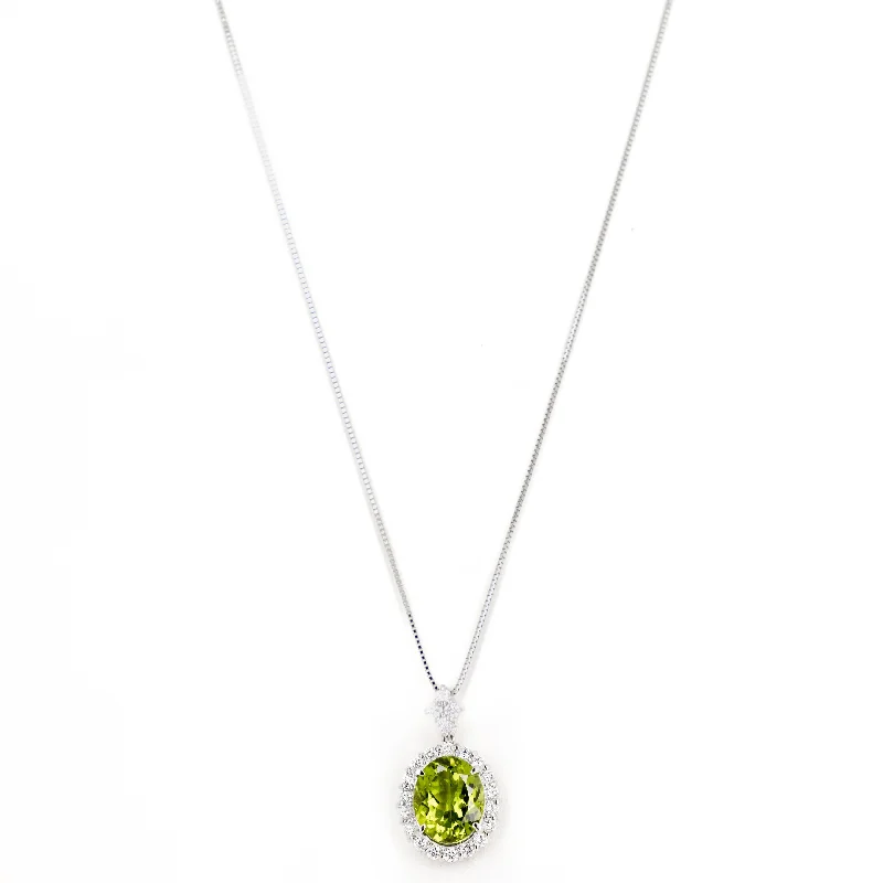 Platinum 5.10 Carat Peridot Diamond Halo Pendant Necklace