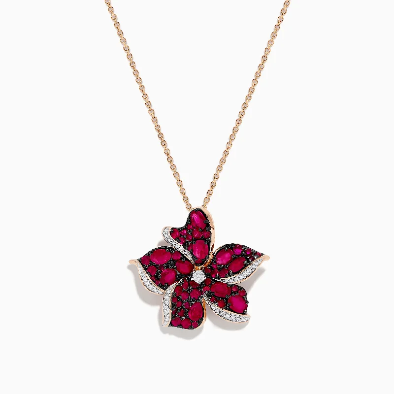 Ruby Royale 14K Rose Gold Ruby and Diamond Flower Pendant