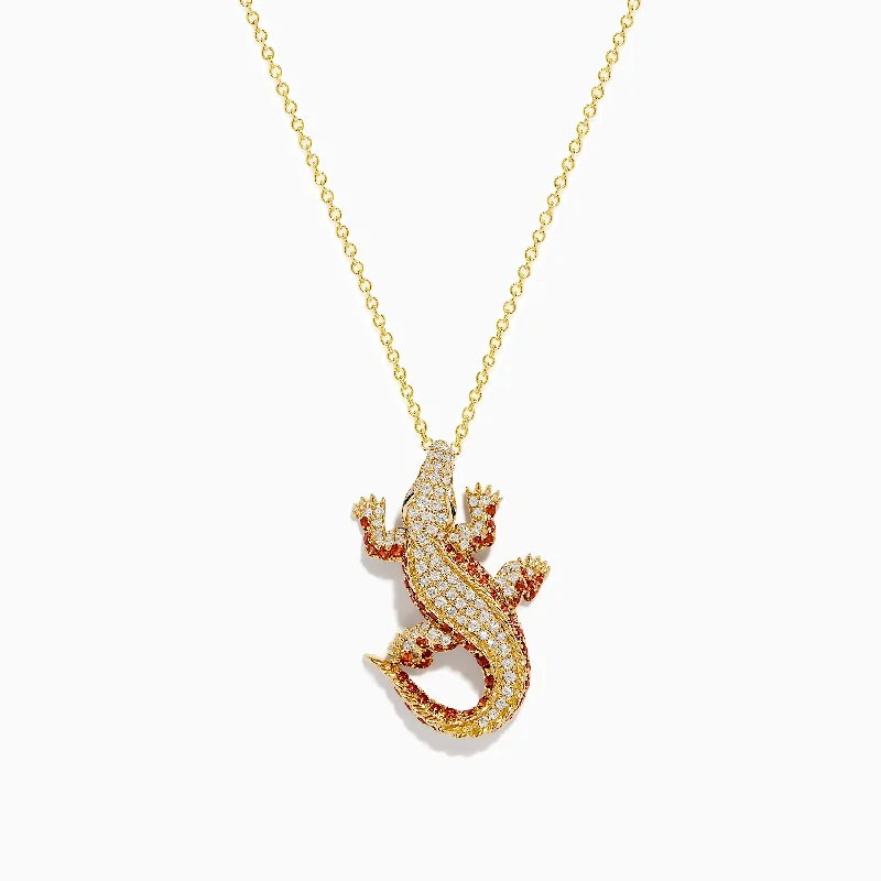 Safari 14K Gold Diamond, Orange Sapphire, and Emerald Crocodile Pendant