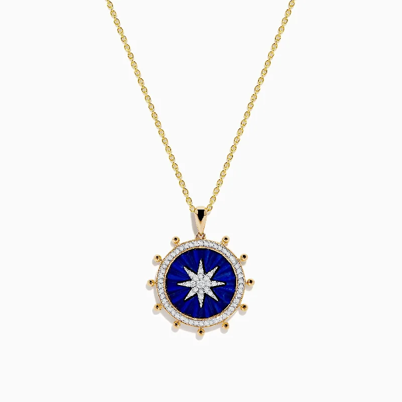 Seaside 14K Yellow Gold Lapis and Diamond Compass Pendant