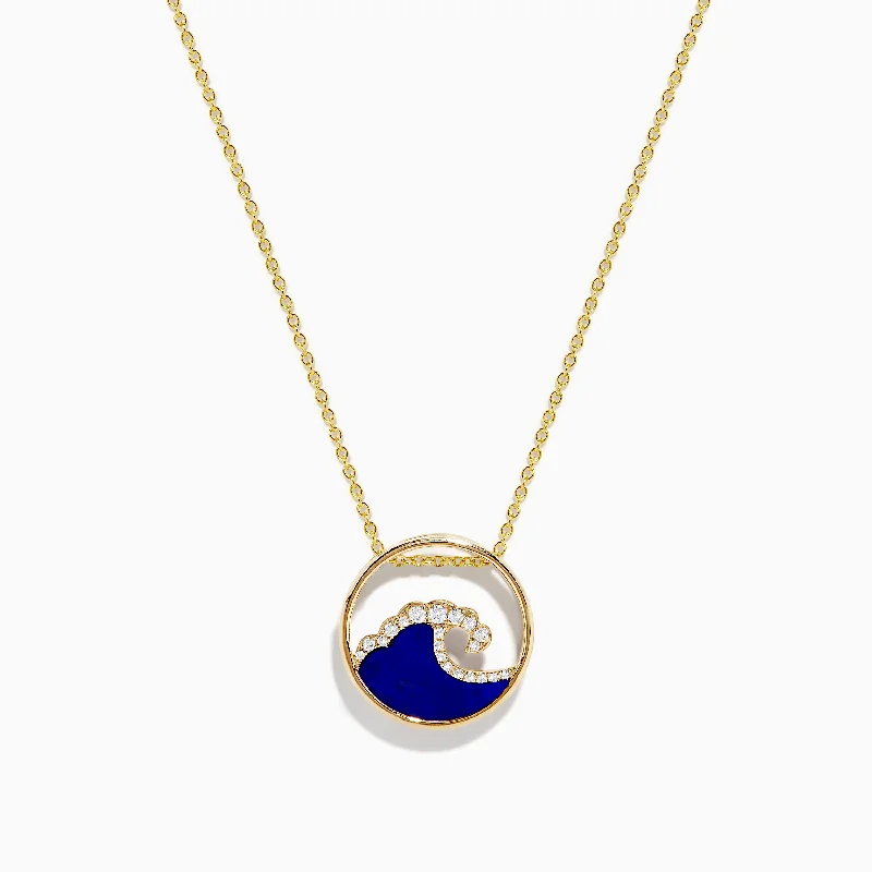 Seaside 14K Yellow Gold Lapis and Diamond Wave Pendant