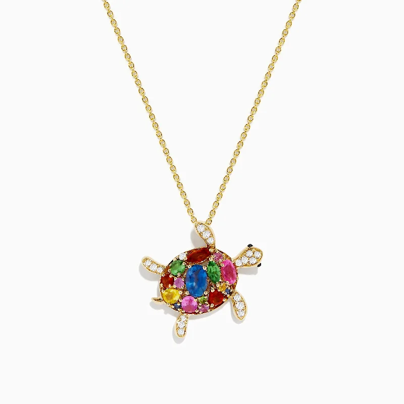 Seaside 14K Yellow Gold Multi Sapphire and Diamond Turtle Pendant