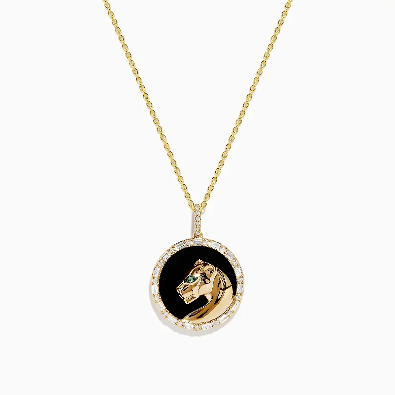 Signature 14K Yellow Gold Onyx Emerald and Diamond Panther Pendant