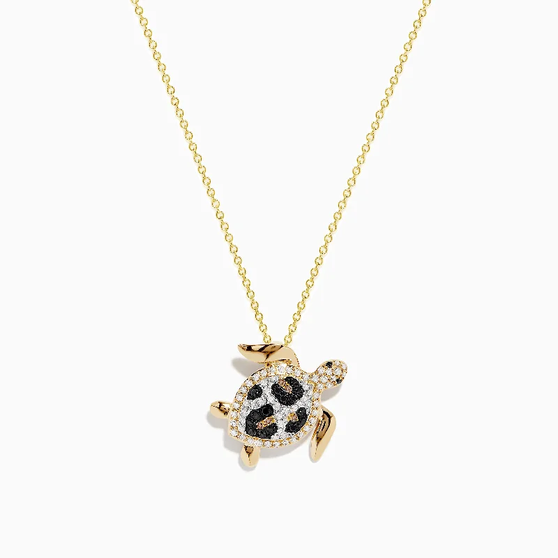 Signature 14K Yellow Gold White, Black, and Brown Diamond Turtle Pendant