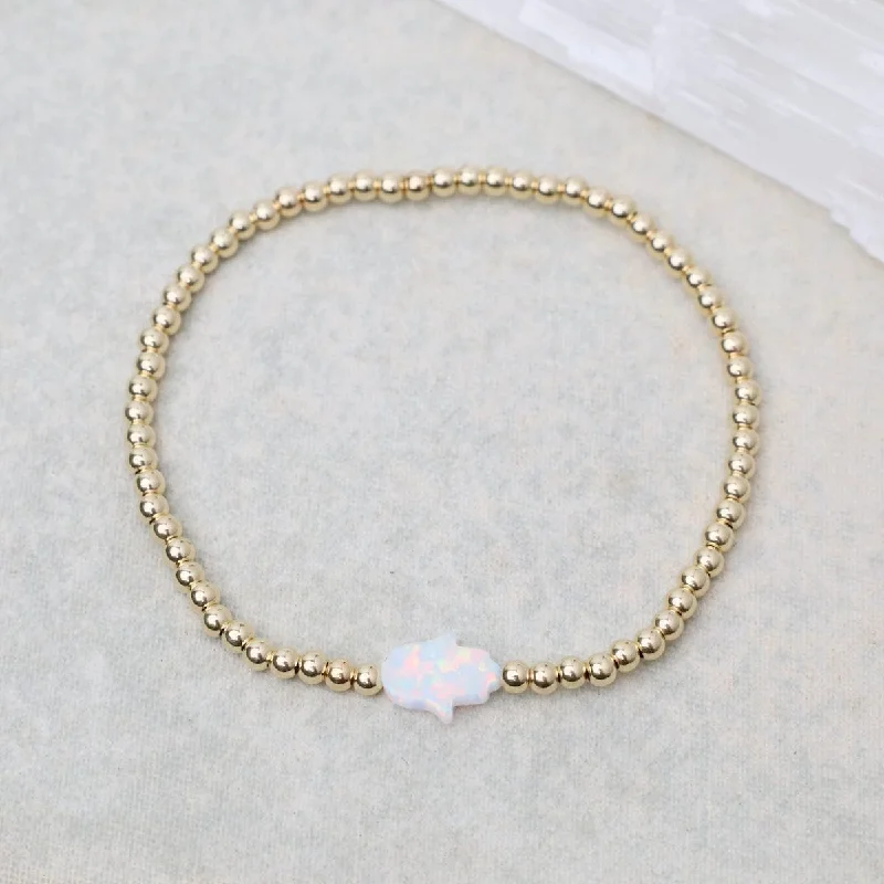 White Opal Hamsa Gold Filled Ball Bracelet