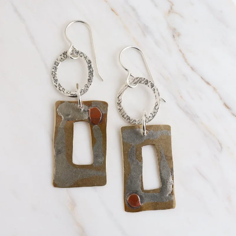 Sterling and Brass Open Rectangle Earrings