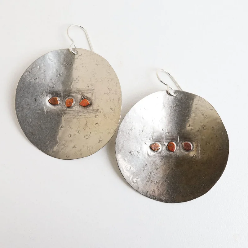 Extra Large Sterling Silver Disk with 3 Copper Dots Earring