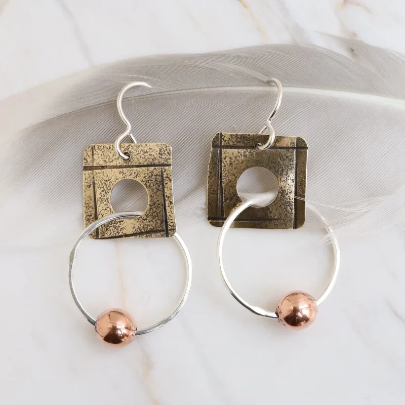 Square With Silver Ring And Copper Bead Earring