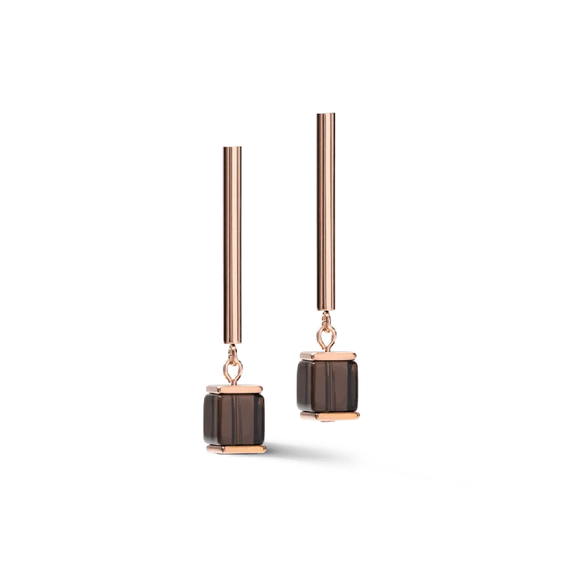 Smokey Quartz Geo Cube Long Post Earring