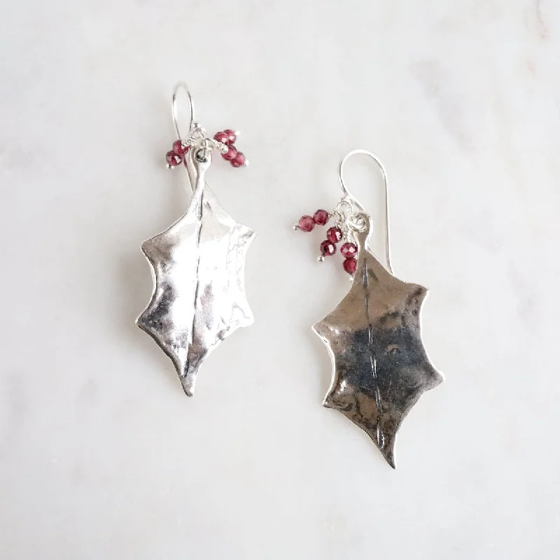 Garnet Beads Holly Leaf Earrings