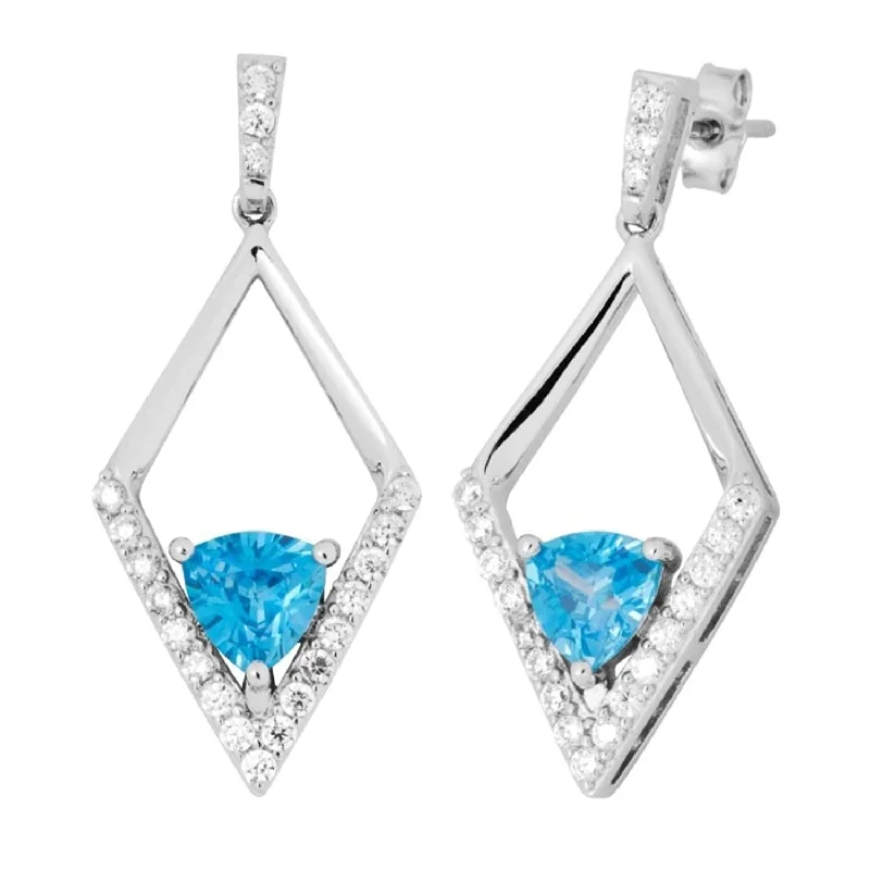 Blue Trillion CZ Silhouette Diamond-Shaped Rhodium Plated Sterling Silver Earrings