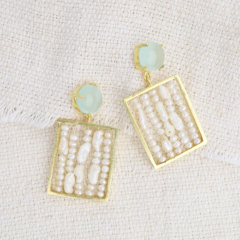 Pearl & Aqua Chalcedony Abacus Earrings