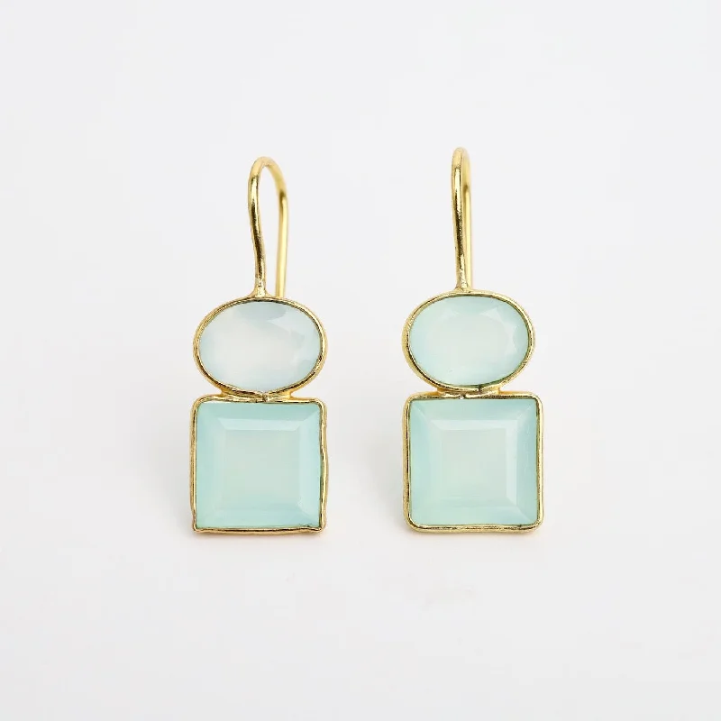 Oval Square Aqua Chalcedony Earrings