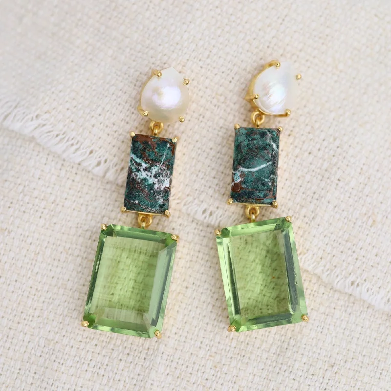 Statement Earrings with Pearl, Chrysocolla & Green Amethyst