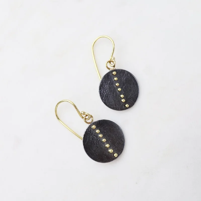 Disc Earrings in Oxidized Silver & 18k Gold Kinetic Dots