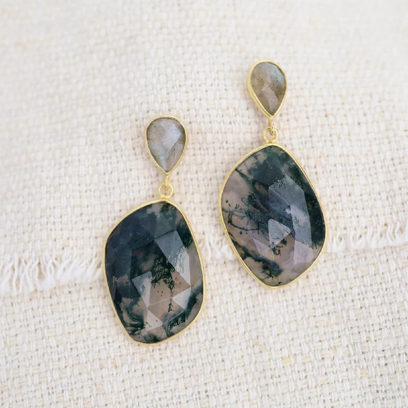 Moss Agate & Labradorite Gold Plated Earrings