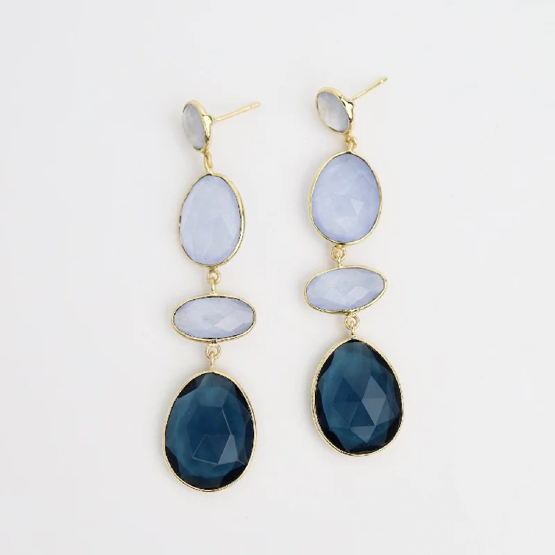 Purple Jade & Blue Iolite Long Gold Earrings