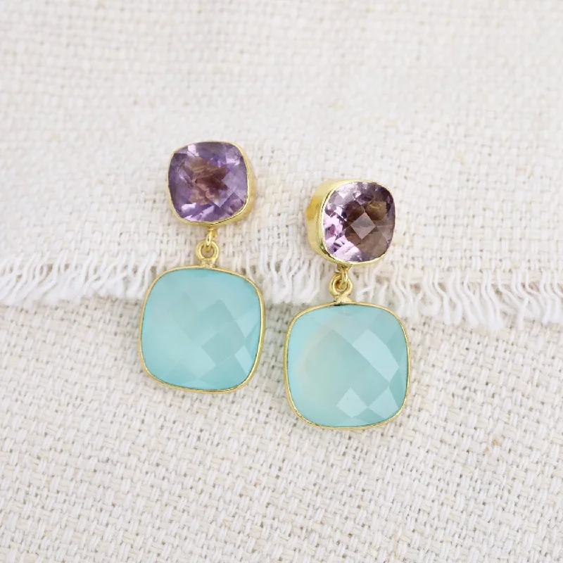 Square Purple Amethyst & Chalcedony Earrings