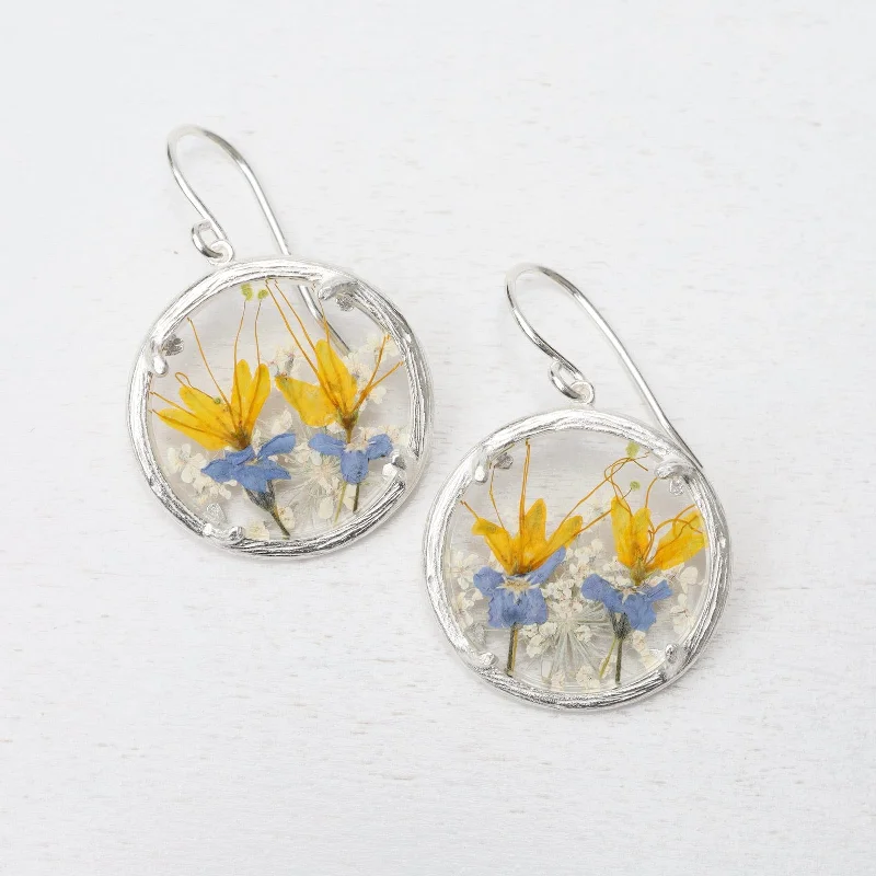 Yellow Purple Fields Small Glass Botanical Earrings - Recycled Sterling Silver